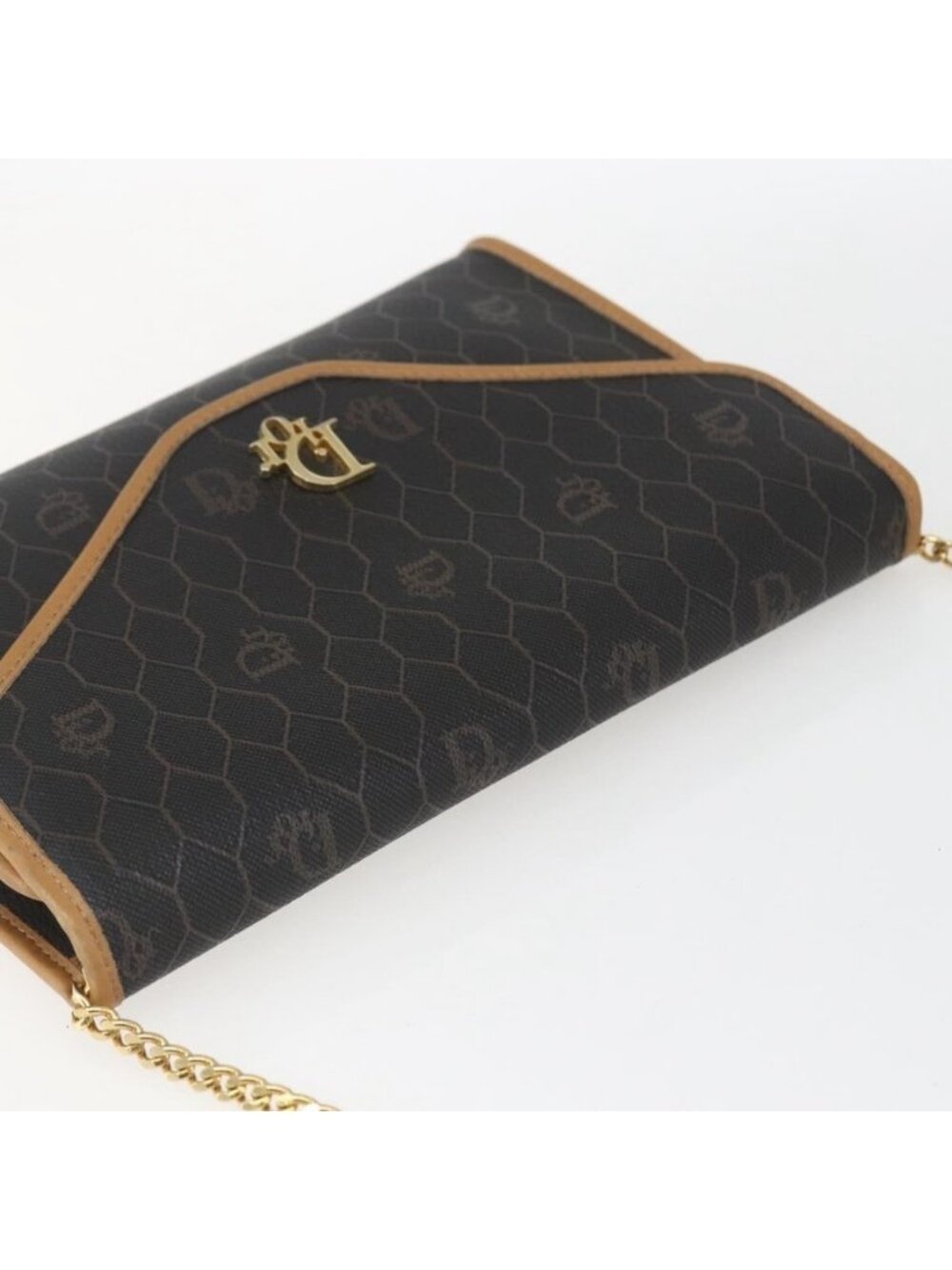 Authentic Christian Dior Honeycomb Canvas Chain Shoulder Bag Black Gold - Picture 13 of 16